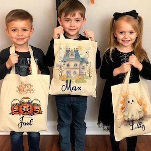 Bolsa de Halloween personalizada para pedir dulces o trucos, bolsa de mano personalizada con iniciales y nombre, regalo para niños, diseño de calabaza Jack-O-Lantern espeluznante (7 diseños)