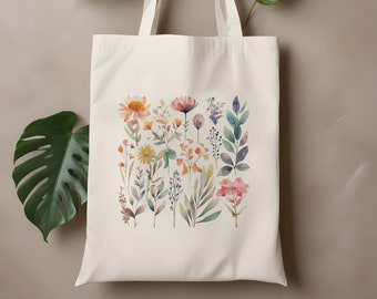 Watercolor Wildflower Tote Bag | Eco-Friendly Durable Canvas Bag | Pressed Flower Illustration | 35x40 cm with A4 Print Area