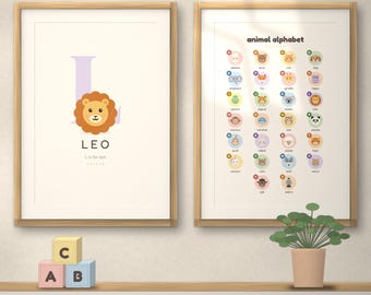 Personalised Animal Name Print & Alphabet Poster Set of 2, Custom Nursery Wall Art
