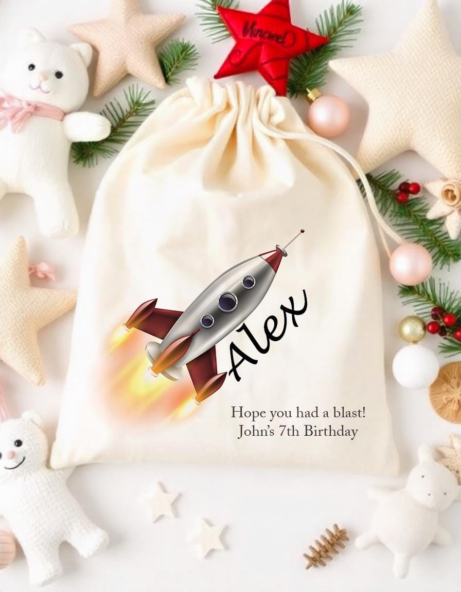 Personalised Rocket Gift Bag for Kids – Custom Space Birthday Sack – Name Party Favor Bag – Rocket Drawstring Bag – Boys Birthday Gift