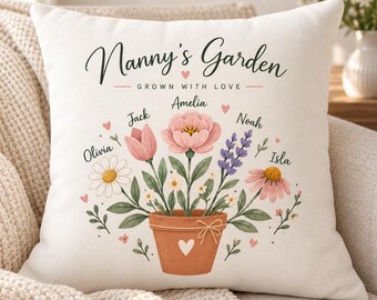 Personalised Nanny's Garden Gift, Grandchildren Names Cushion Mug Tote Bag, Birth Flower Grandma Gift, Mothers Day Nan Gift Set