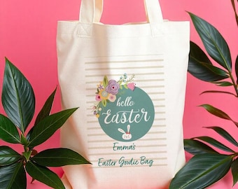Hello Easter Tote Bag with Name – Personalised Kids Easter Basket Alternative – Easter Egg Hunt Treat Bag