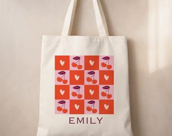 Custom Red Cherry Aesthetic Gift for Her Personalized Cherry Tote Bag - Self Love Club Canvas Bag with Name -