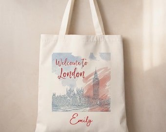 Bolsa de tela personalizada con temática londinense: bolsa de lona con nombre personalizado y diseño británico icónico.