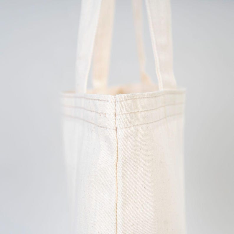 May include: A close-up of a plain white tote bag with a single stitched seam on the side. The bag has two straps and is made of a natural cotton fabric.