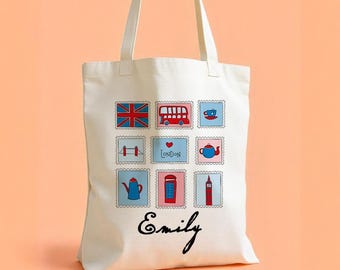 Personalized London-Themed Tote Bag - Custom Name Canvas Bag with Iconic British Design