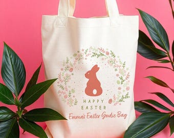 Personalised Easter Goodie Bag Tote – Bunny Wreath Happy Easter Bag with Name – Kids Easter Basket Alternative