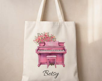 Personalized Pink Piano Tote Bag - Custom Name Canvas Bag with Elegant Floral Design