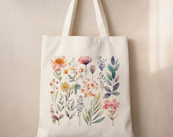 Watercolor Wildflower Tote Bag | Eco-Friendly Durable Canvas Bag | Pressed Flower Illustration | 35x40 cm with A4 Print Area