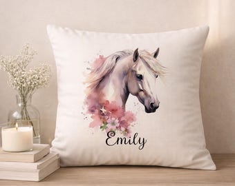 Personalized Horse Pillow with Name – Custom Horse Lover Gift – Watercolor Horse Cushion – Equestrian Decor for Girls – Horse Room Decor