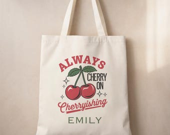 Personalized Cherry Tote Bag - Self Love Club Canvas Bag with Name - Custom Red Cherry Aesthetic Gift for Her
