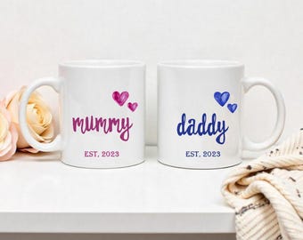 Personalized Mummy and Daddy Mug Set - New Parents Gift - Custom Parent Coffee Mug - Pregnancy Announcement Gift - First-Time Mom & Dad Mug