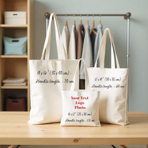 Sac fourre-tout en coton personnalisé avec logo - Grand sac en toile promotionnel personnalisé pour les entreprises, les événements, les mariages, 3 tailles disponibles