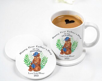 First Fathers Day Mug and Coaster Set – Personalised Bear Design – Daddy or Grandad Gift from Baby