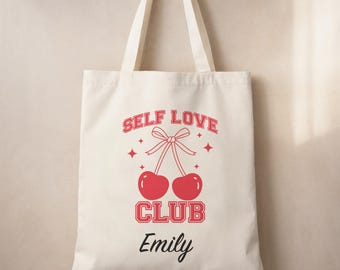 Personalized Cherry Tote Bag - Self Love Club Canvas Bag with Name - Custom Red Cherry Aesthetic Gift for Her