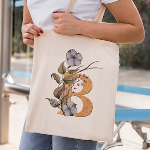 Bolsa de mano con inicial floral personalizada - Bolsa de mano con monograma de flores silvestres de acuarela - Bolsa de algodón con letras personalizadas - Regalo ecológico