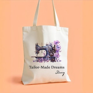 Personalisierte Einkaufstasche zum Thema Nähen - Individuelle Namenstasche aus Segeltuch mit Vintage Nähmaschine Design