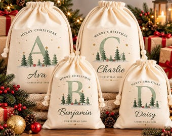 Personalised Christmas Initial Gift, Watercolour Green Letter Cushion, Mug, Santa Sack, Ornament, Woodland Christmas Eve Gift Set
