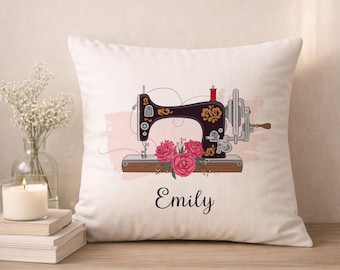 Personalized Sewing Pillow  Custom Name Cushion with Vintage Sewing Machine  Seamstress Gift Sewing Room Decor Floral Sewing Lover Gift