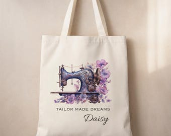 Personalized Sewing-Themed Tote Bag - Custom Name Canvas Bag with Vintage Sewing Machine Design