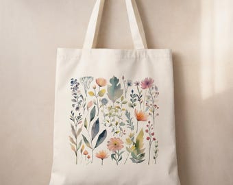 Watercolor Wildflower Tote Bag, Pressed Flowers & Grasses Illustration, Floral Watercolor Canvas Tote