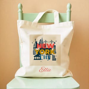 Personalizowana torba typu tote z Nowego Jorku - Torba z płótna z niestandardowym imieniem - Prezent z panoramą Nowego Jorku - Pamiątkowa torba z Nowego Jorku - Torba podróżna dla kobiet i dziewcząt