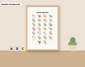 Animal Alphabet Poster, Nursery Wall Art, ABC Kids Room Print, Printable Playroom Decor
