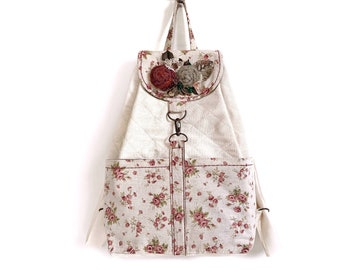 Linen backpack Boho canvas backpack women Floral summer backpack girl