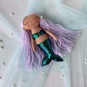 May include: A handmade mermaid doll with long purple yarn hair, a green sequin tail, and a pink and white seashell top.
