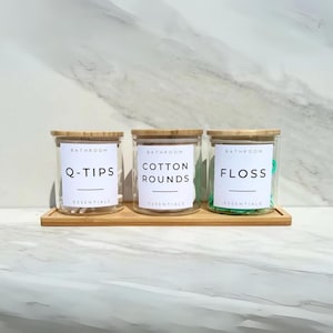 Custom Set of 3 Labeled Bathroom Glass Canisters with Bamboo Tray | Q-Tip and Cotton Ball Holder with Bamboo Lid | Bathroom Decor Glass Jars