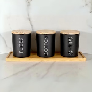 Black Bathroom Glass Canister Set of Three with Custom Vinyl Label| Q-Tip and Cotton Ball Holder with Bamboo Lid | Bathroom Decor Glass Jars