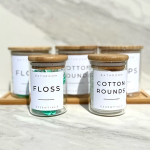 Custom Labeled Bathroom Glass Canisters with Bamboo Lid| Bathroom Organization and Storage | Q-Tip and Cotton Ball Holder with Bamboo Lid