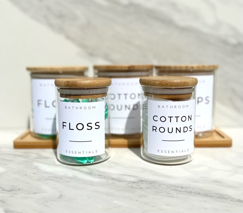Custom Labeled Bathroom Glass Canisters With Bamboo Tray Etsy