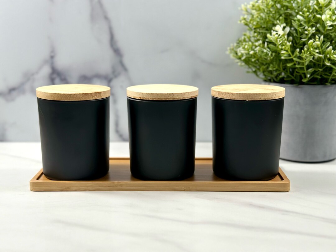 Black Ceramic Storage Jar Set With Wooden Lid Bathroom Etsy