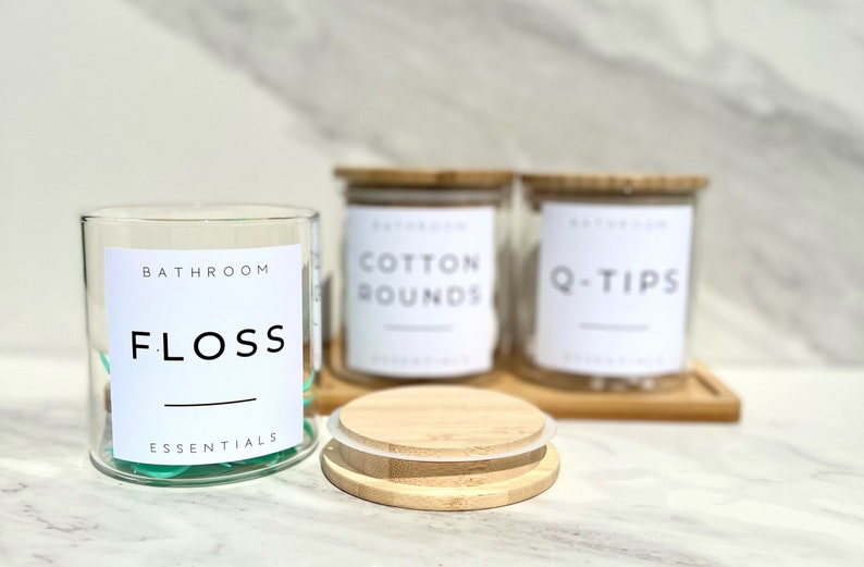 Custom Labeled Bathroom Glass Canisters With Bamboo Tray Etsy