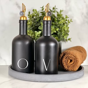 Oil and Vinegar Dispenser Set Black Glass Bottles | Weighted Gold Pourer | Olive Oil Bottle Dispenser with Drizzle | Oil Cruet For Kitchen