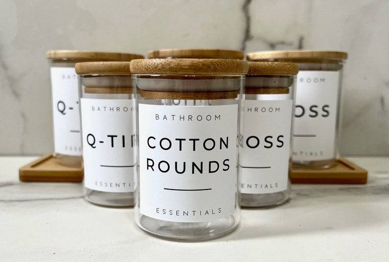 Custom Labeled Bathroom Glass Canisters With Bamboo Tray Etsy