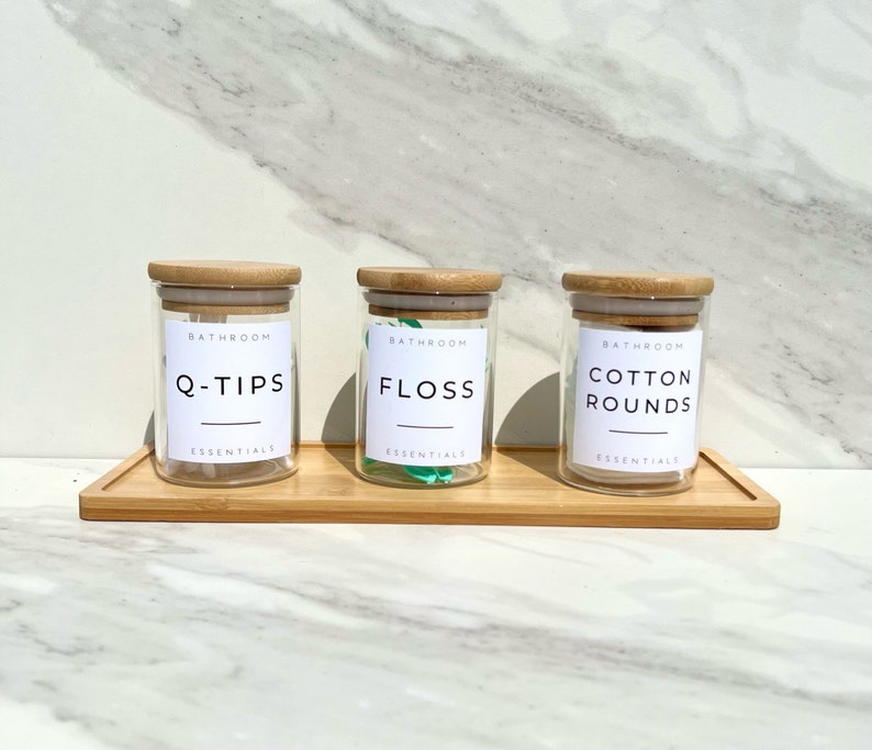 Custom Labeled Bathroom Glass Canisters With Bamboo Tray Etsy