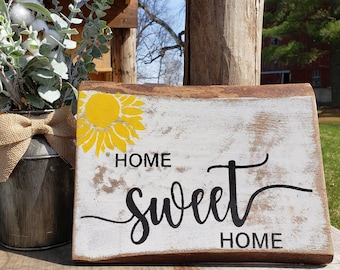Home Sweet Home Sunflower Wood Sign, Live Edge Wood Sign, Home Sweet Home Sign for Wall, Home Sweet Home Sign Small, Sunflowers Decor