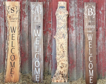 Personalisierte Familie Holz Namensschild, Bauernhaus Monogramm Familie Nachname Holz große Veranda Zeichen, verbranntes Holz, Live Edge Holz, Scheunenholz