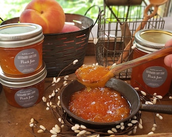 Pfirsichmarmelade, Pfirsichmarmelade in kleinen Mengen, handwerklich hergestellte Gourmet-Marmelade – Gelee, natürliche Pfirsichkonserven, handverlesenes Obst, Wisconsin-Farm-to-Table-Leckereien