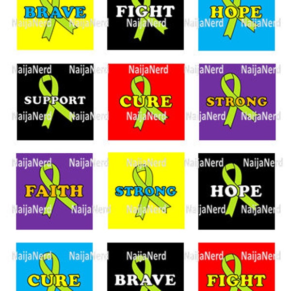Awareness Stickers Template 2'' Lime Green Ribbon Square - Lymphoma, Lyme Disease, Muscular Dystrophy, Childhood Mental Illness