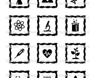 Science Icons Clipart Nerd Stickers Template 2&#39;&#39; Black & White Square