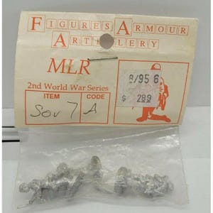 May include: A package of miniature metal figures, likely toy soldiers, from the "2nd World War Series." The packaging includes the text "FIGURES ARMOUR ARTILLERY" and "MLR." The item code is "Sov 7A."