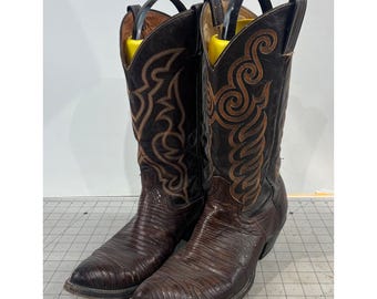Bruna cowboystövlar i ödlehud med invecklad sömdesign, herrstorlek 12