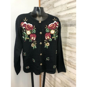 Jantzen Petite Vintage Womens Black Hand Embroidered Wool Cardigan Sweater M