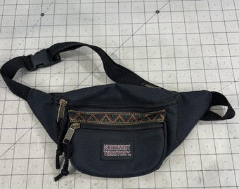 Vintage Northwest Territory Black Fanny Pack Embroidered Tribal Trim ‘90’s