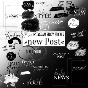 Könnte beinhalten: Schwarz-weiße Instagram-Story-Sticker mit Text wie "neuer Beitrag", "tägliche Story", "Stimmung des Tages", "frische Vibes", "kommt bald", "Style des Tages", "neue Rolle", "Schwarzweiß", "neue Vibes", "Stimmung des Tages" und "tägliche Nachrichten".