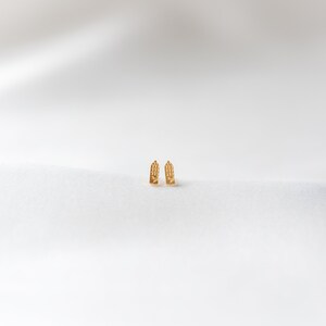 May include: A pair of gold-toned stud earrings with a textured design.