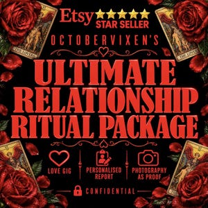 May include: A black graphic featuring red roses and four The Lovers tarot cards. Text reads: Etsy Star Seller, Octobervixen's Ultimate Relationship Ritual Package, Love Gig, Personalised Report, Photography As Proof, and Confidential.